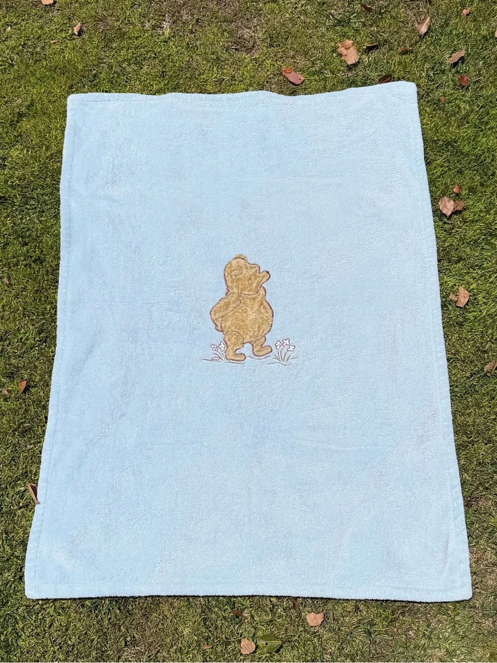 Y2K Classic Pooh Blue Plush Winnie The Pooh Flowers Baby Security Blanket 28x38